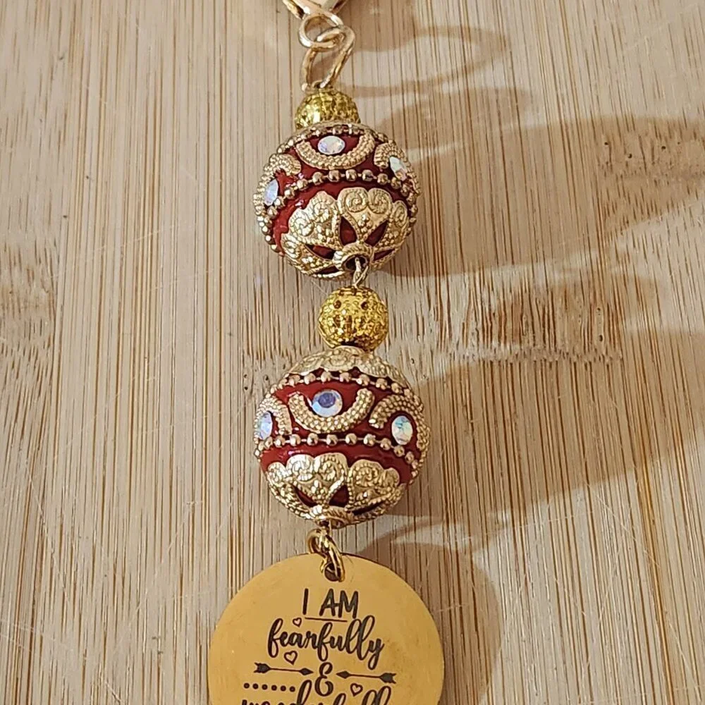 Hand Crafted Purse Bag Charm Beaded with Pendant Red Gold 5 Inches